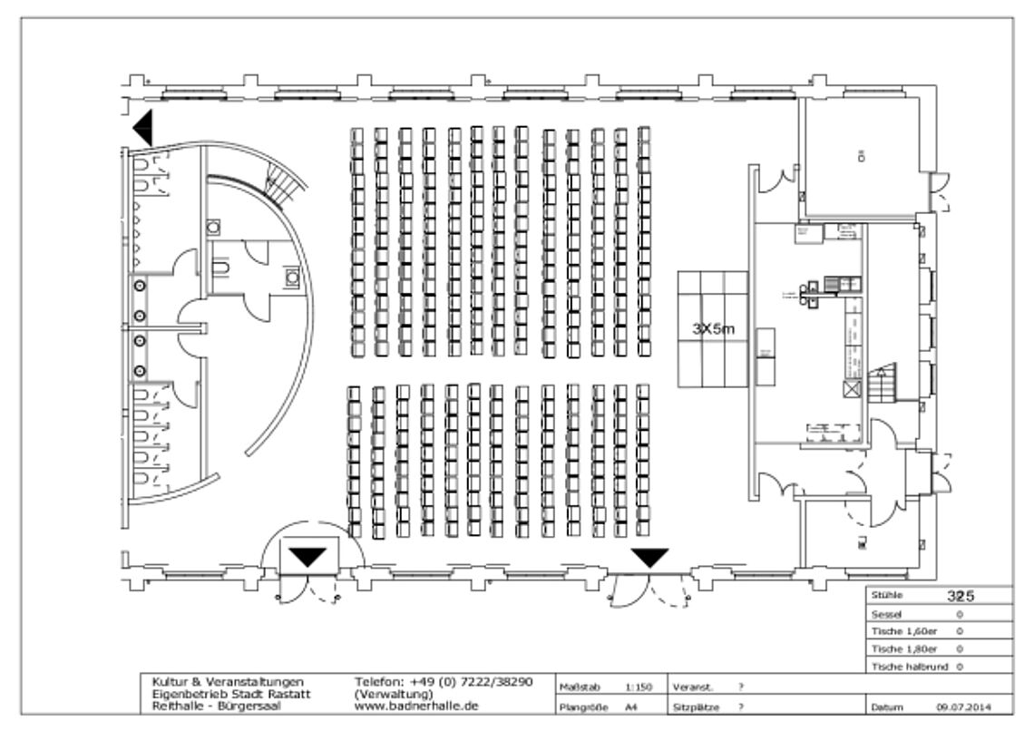 Reithalle Räume und Technik Übersicht Bürgersaal Reihenbestuhlung