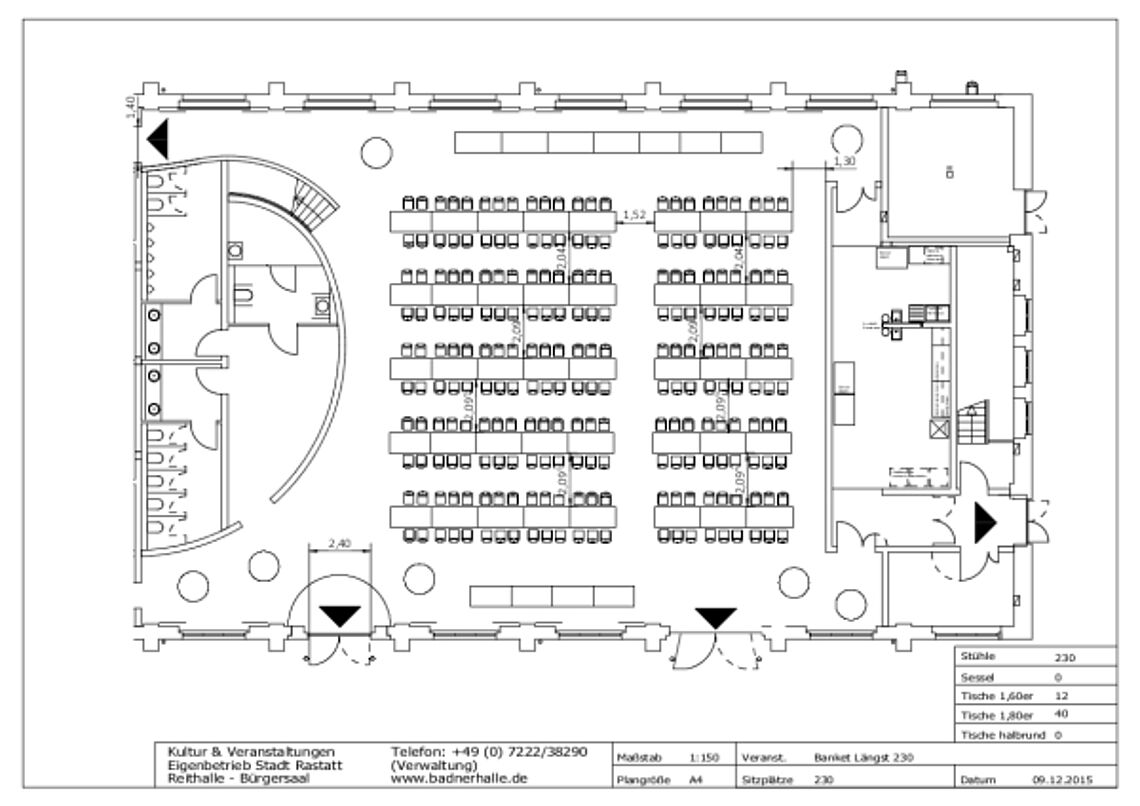 Reithalle Räume und Technik Übersicht Bürgersaal Bankettbestuhlung Längs