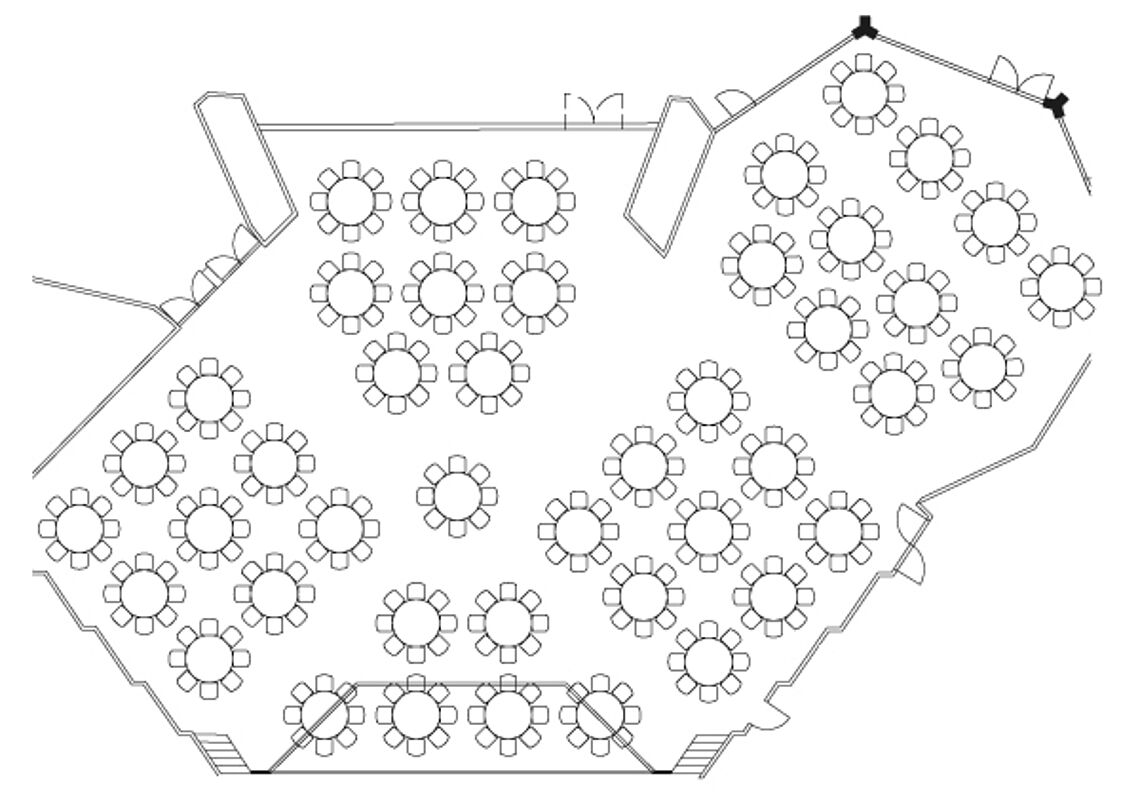 BadnerHalle Räume und Technik Übersicht Türkenlouis-, Sibyllen-Saal Bankettbestuhlung Rund