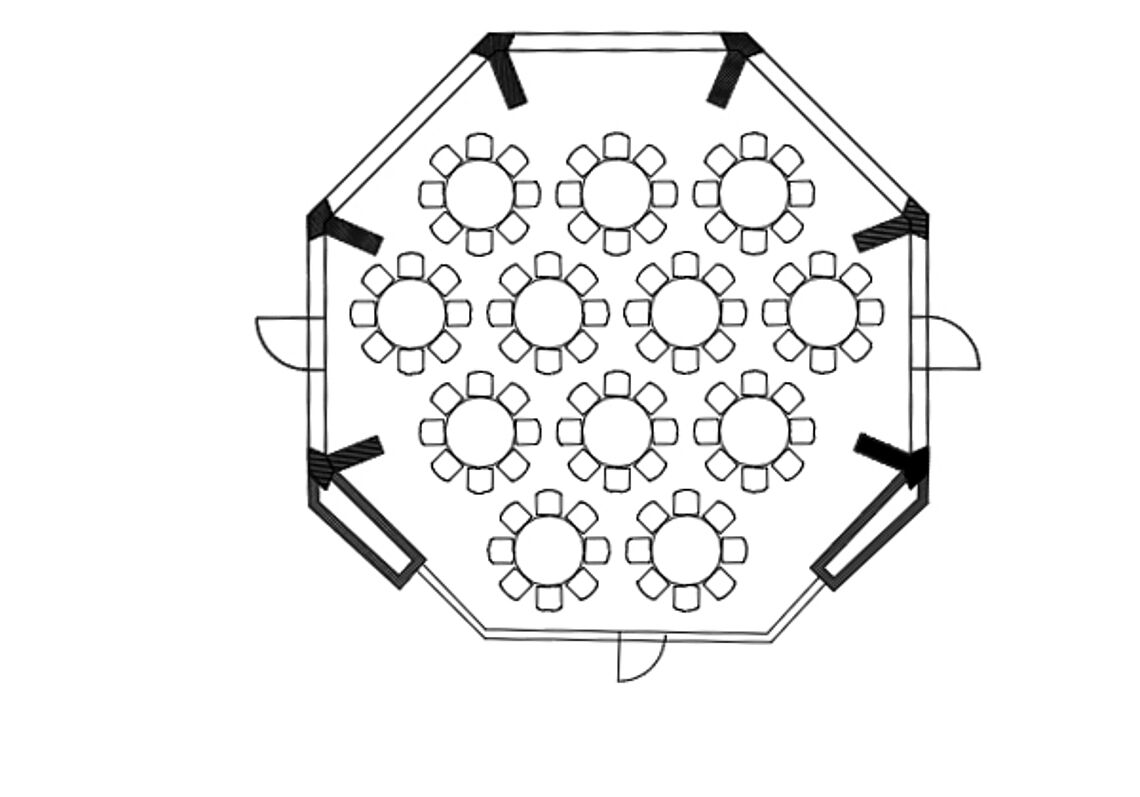 BadnerHalle Räume und Technik Übersicht Staffelschnatzer-Saal Bankettbestuhlung Rund