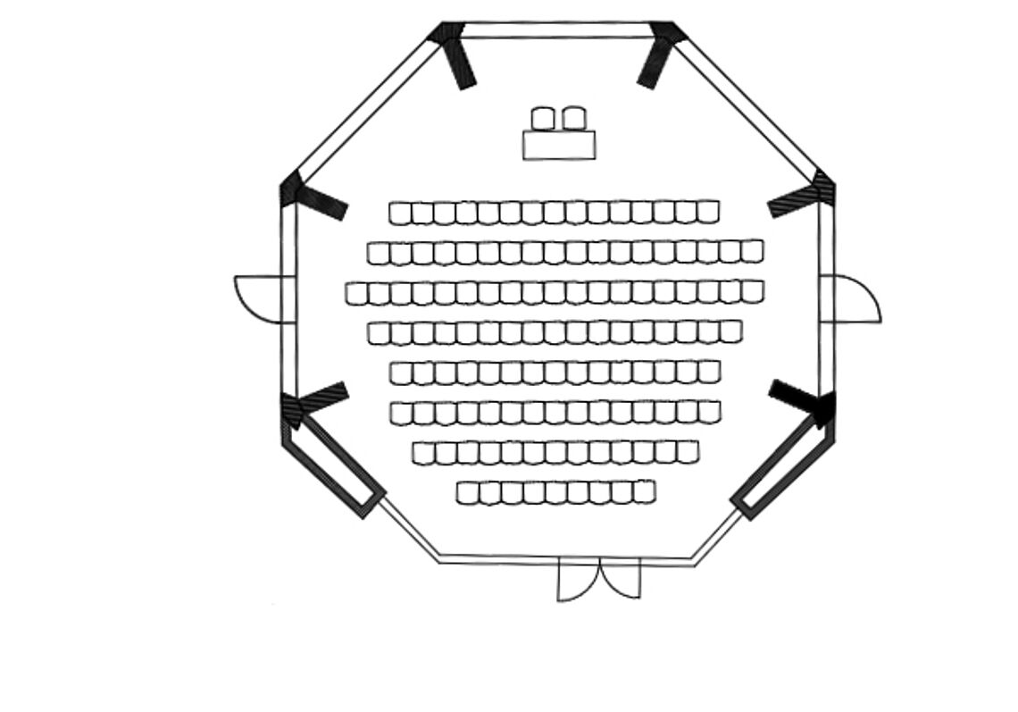 BadnerHalle Räume und Technik Übersicht Staffelschnatzer-Saal Reihenbestuhlung