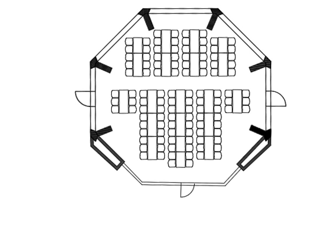 BadnerHalle Räume und Technik Übersicht Staffelschnatzer-Saal Bankettbestuhlung